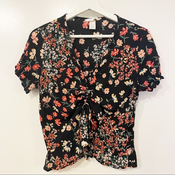 H&M black multicolour floral drawstring blouse Size 10 - Picture 2 of 11